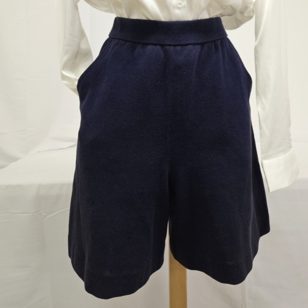 Yves Saint Laurent High Waisted Flared Leg Cotton Knit Shorts In Navy Blue Sz 4 - Picture 3 of 13